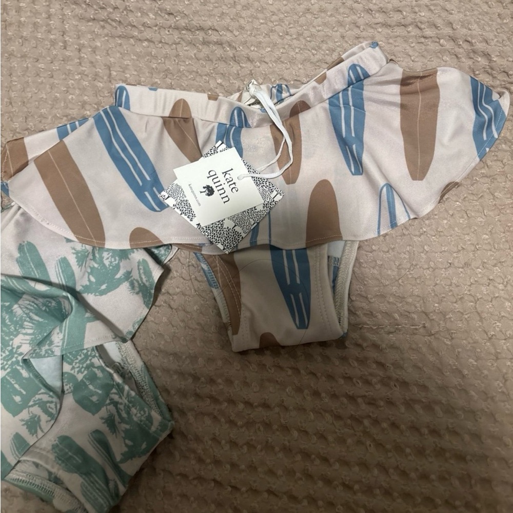 Kate Quinn Surfboard Ruffle Blue Brown Patterned Swim Bottoms Girl Toddler 2T